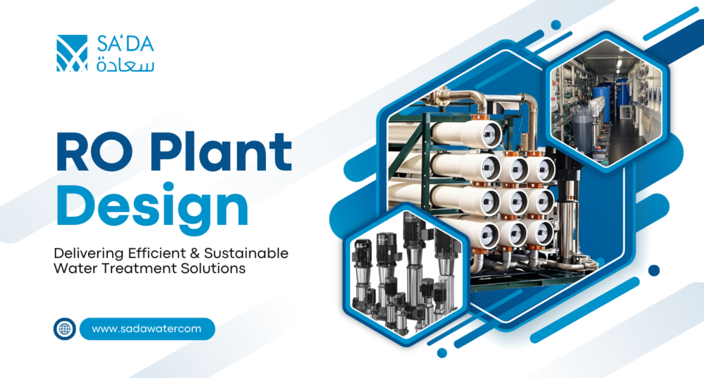 Illustration of SA'DA Water's turnkey RO plant solutions showcasing efficient water purification systems for sustainable industrial, medical, and domestic applications.